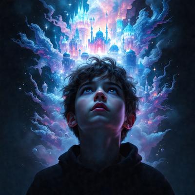 The primary subject of the image is a young boy with brown hair, looking up at the sky. The setting is a colorful, surreal landscape with a castle in the background. The visual style is a digital art or illustration, creating a vibrant and imaginative atmosphere. The dominant colors are blue, purple, and pink, which contribute to the dreamy and whimsical mood of the scene.